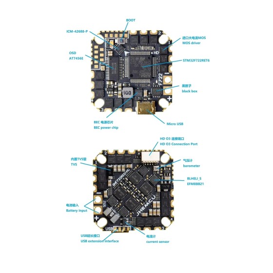 Hot Sales JHEMCU GHF722AIO-HD 40A All-in-One - Integrated Baro/OSD/BlackBox & 4-in-1 ESC (2-6S) for Freestyle/Cinewhoop Drones